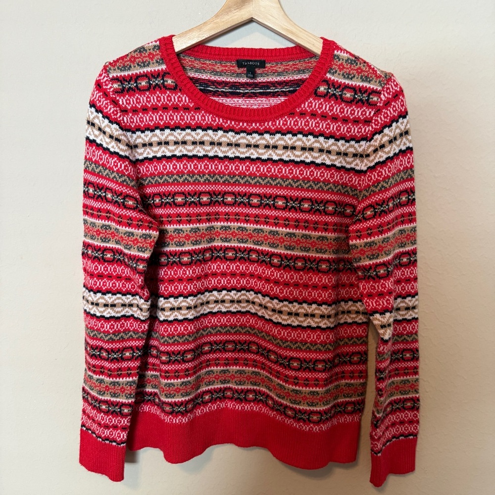 Talbots Sweater Womens S Black Red Ski Fair Isle Wool Blend Nordic Jacquard Red - Picture 1 of 6